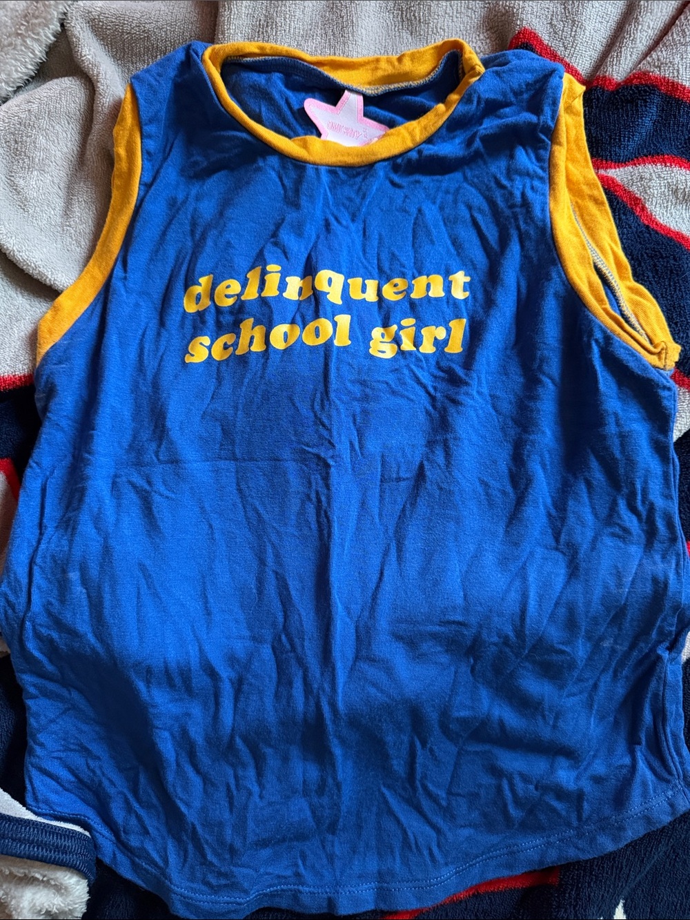 omighty Blue and Yellow "Delinquent School Girl" Crop Tank